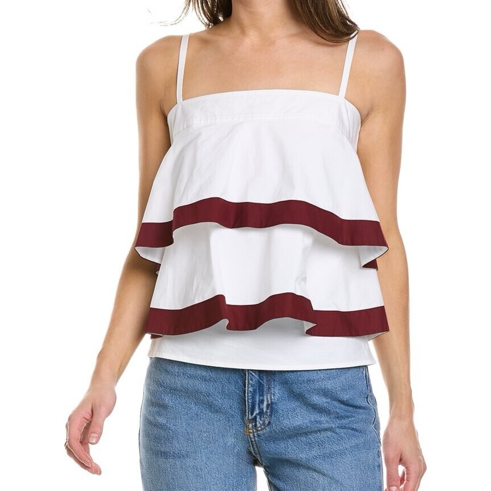 Tory Burch Sage Tiered Ruffle Spaghetti Strap Top White Maroon NWT Size 12